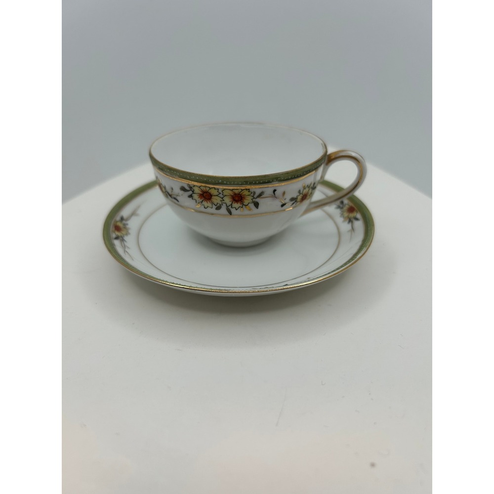Vintage Floral Porcelain Teacup and Saucer Set Green Gold Trim Cottagecore